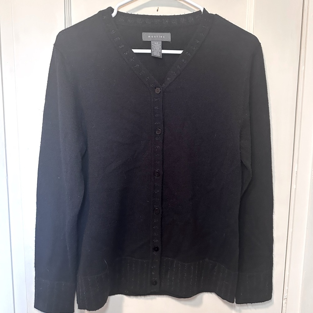 Mantles Black Button Down Wool Blend Cardigan with Metallic Details, Sz S